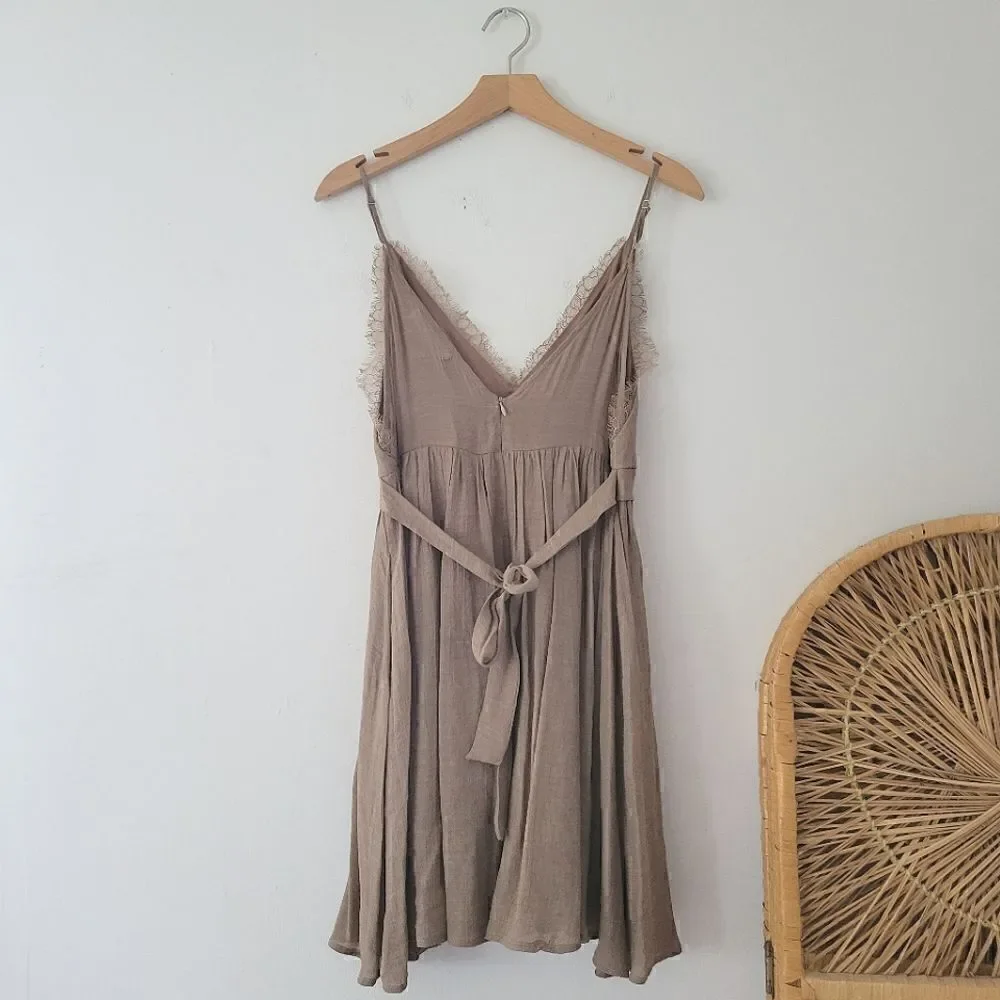 Mustard Seed Brown Mini Dress Spaghetti Straps Lace Trim S
